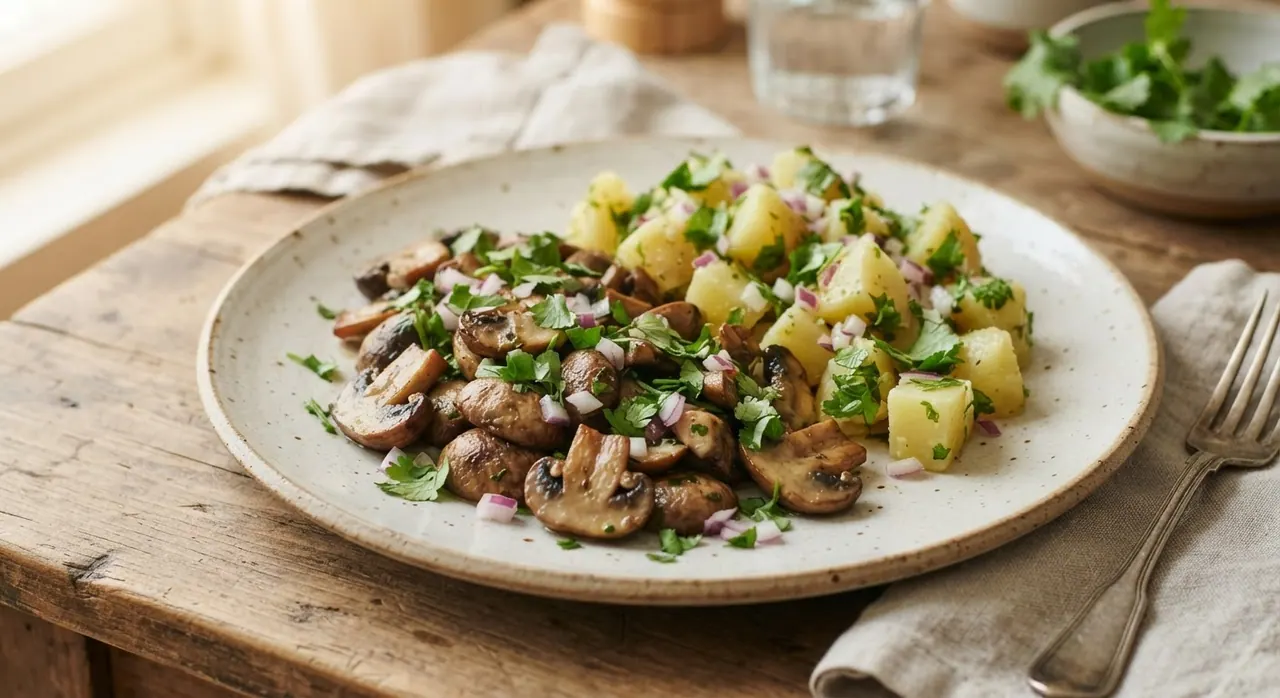 Setas con limón servidas con ensalada de papa