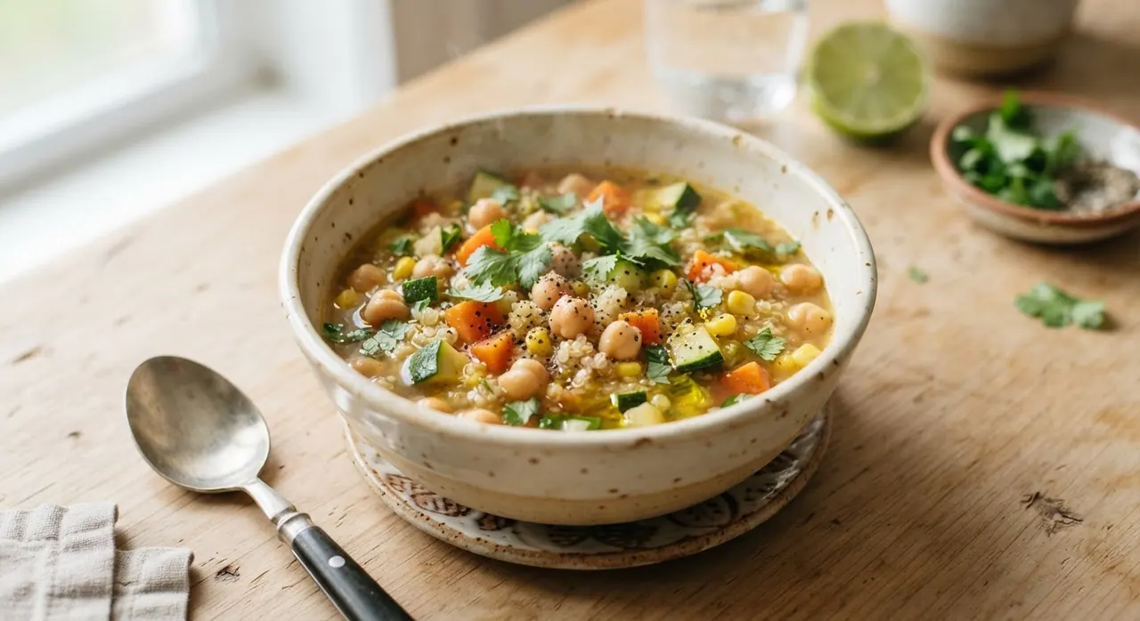 Sopa de verduras con garbanzo y quinoa