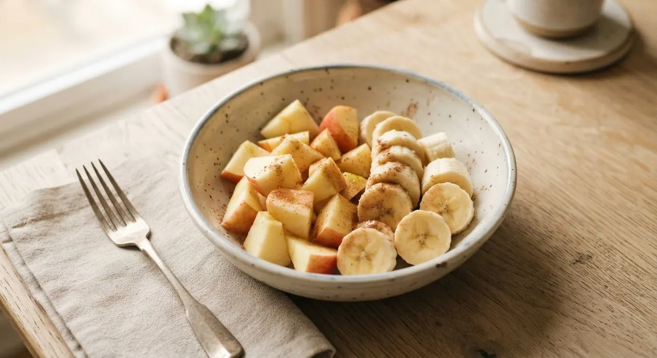 Una manzana en pedazos y un plátano