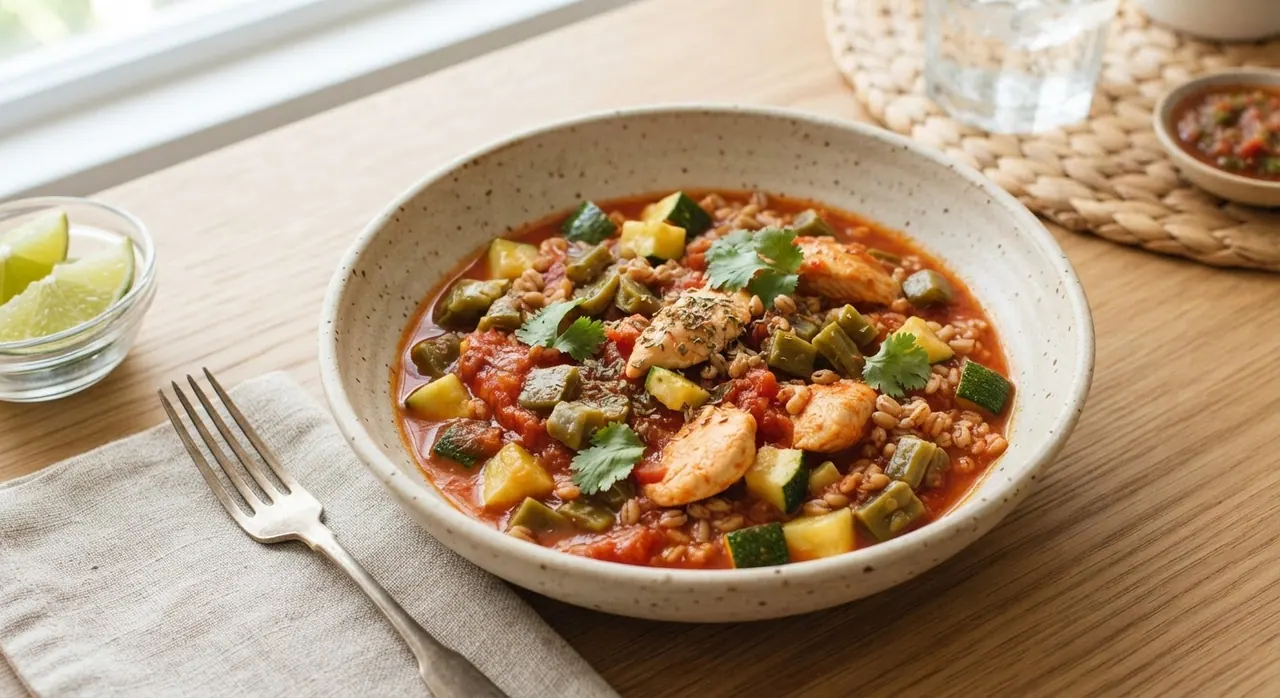 Pollo en salsa de tomate con calabaza, nopales y trigo cocido