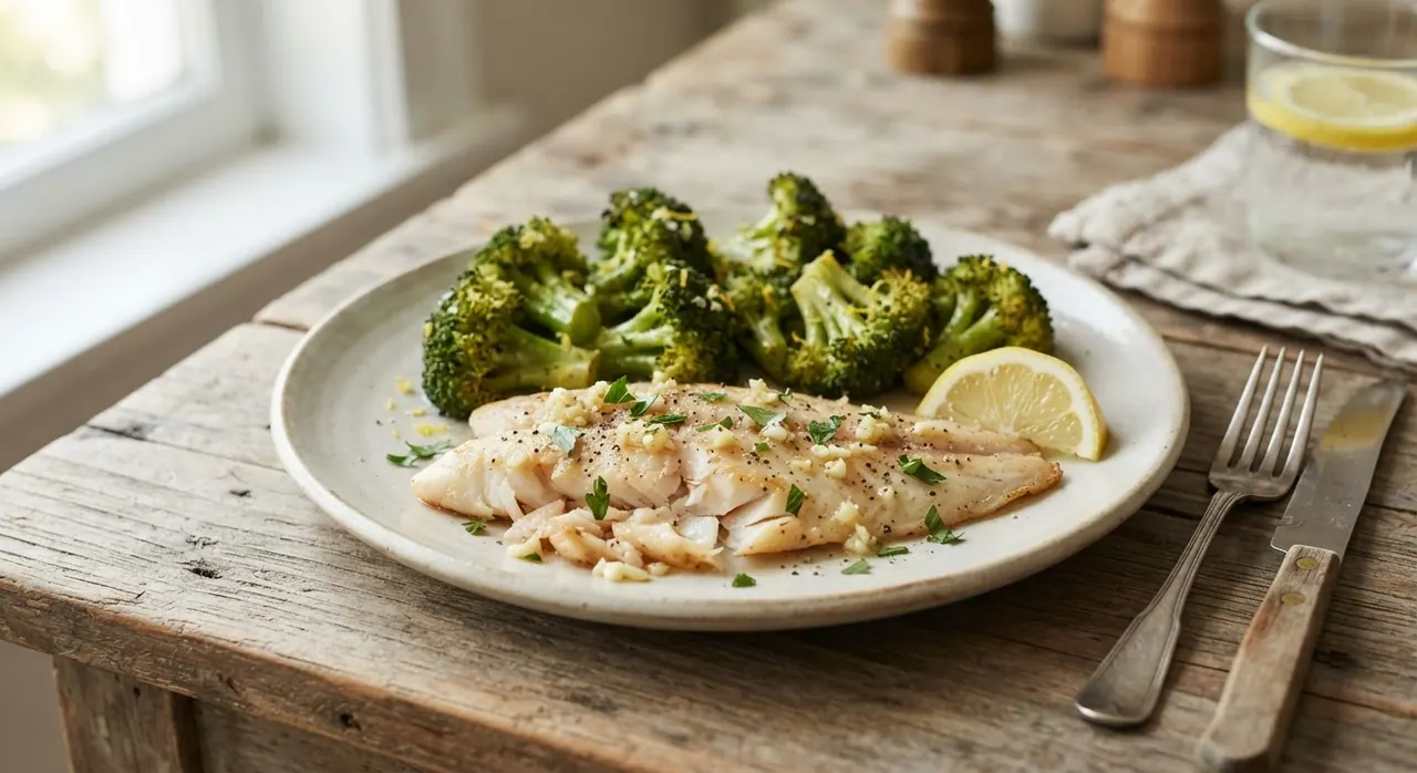 Tilapia al horno con ajo y brócoli