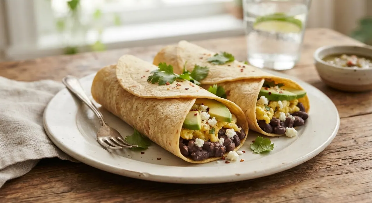 Burrita de maíz con frijoles, queso, huevo y aguacate