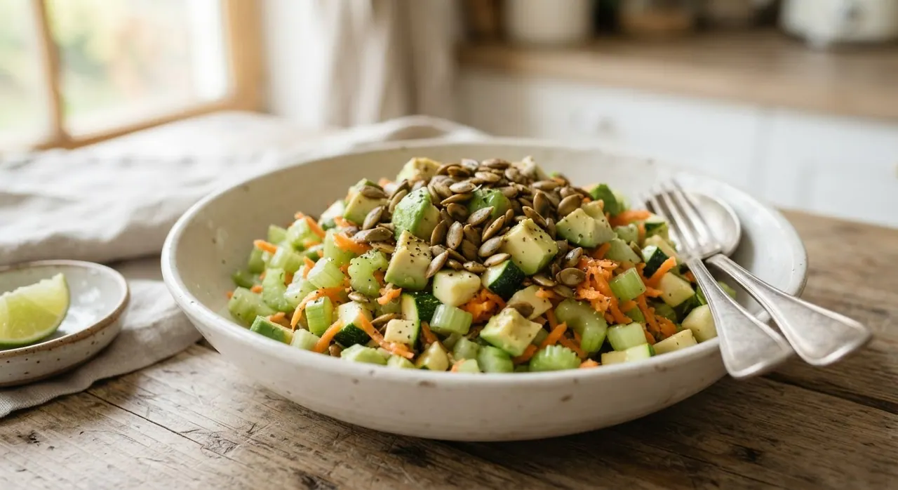Ensalada con apio, zanahoria, aguacate, calabaza y pepitas de calabaza