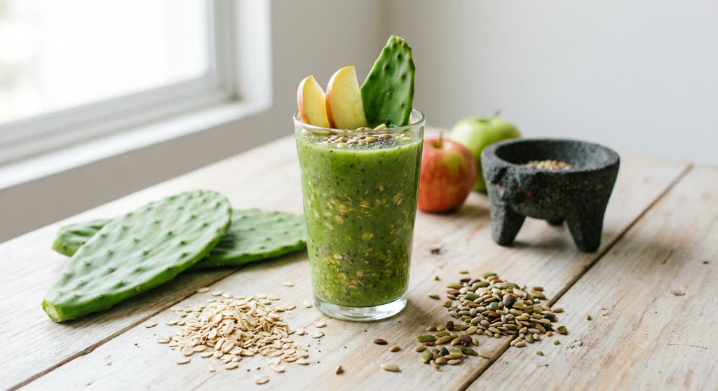 Jugo de nopal con avena, semillas y manzana