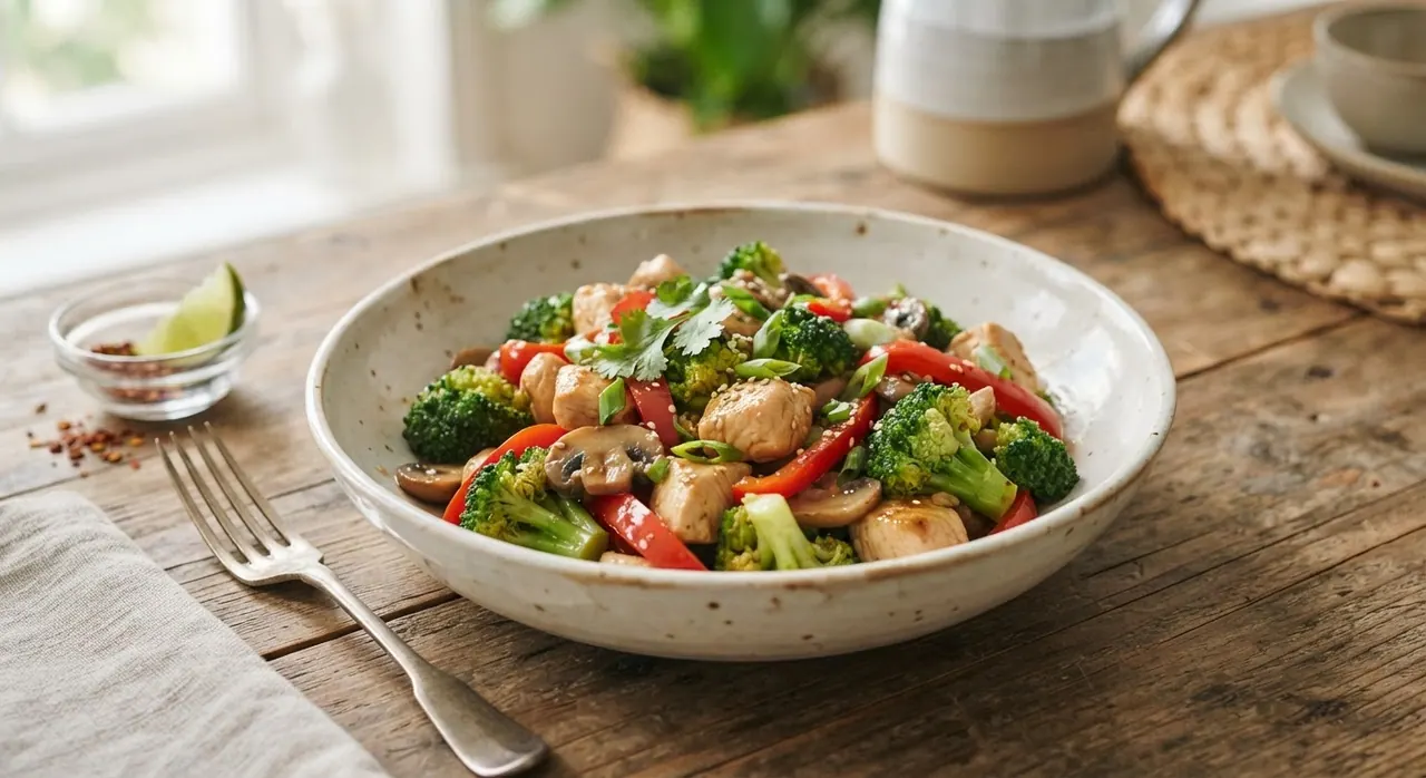 Salteado de pollo con brócoli, pimiento y champiñones