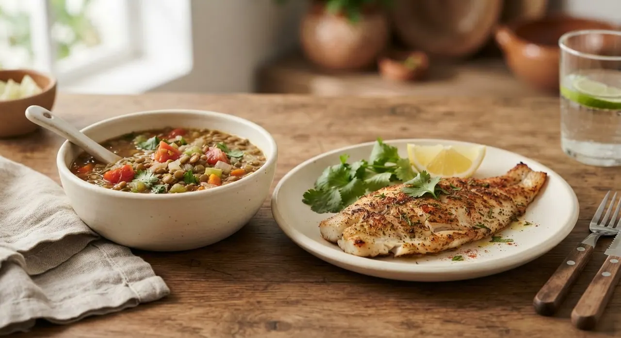 Filete de Mojarra a la Plancha con Sopa de Lentejas