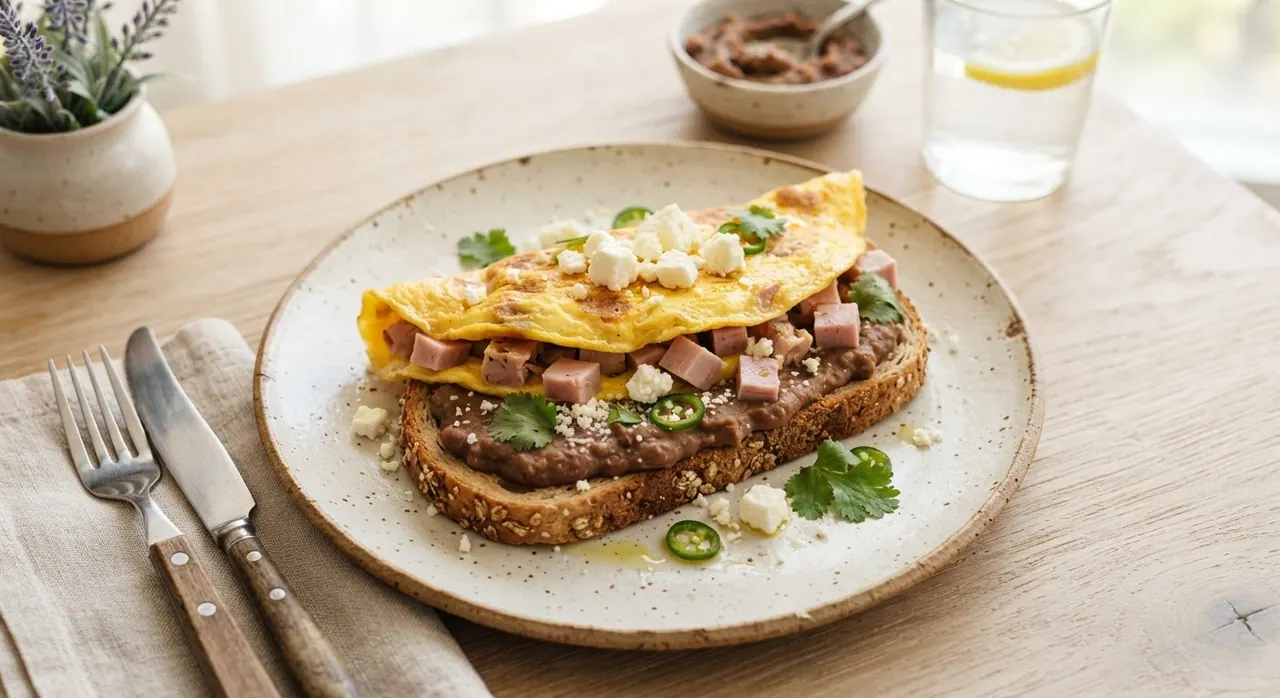 Pan tostado con frijoles, queso panela y omelette con jamón de pavo