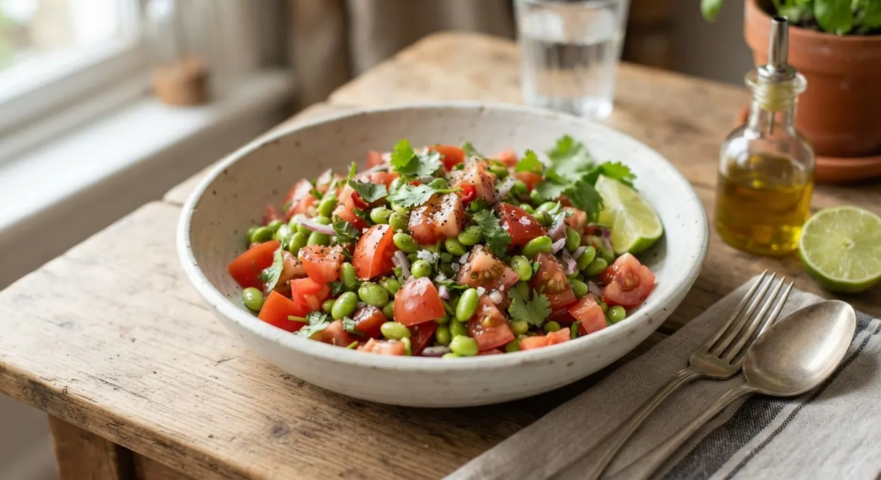 Ensalada de tomate con edamame o legumbres