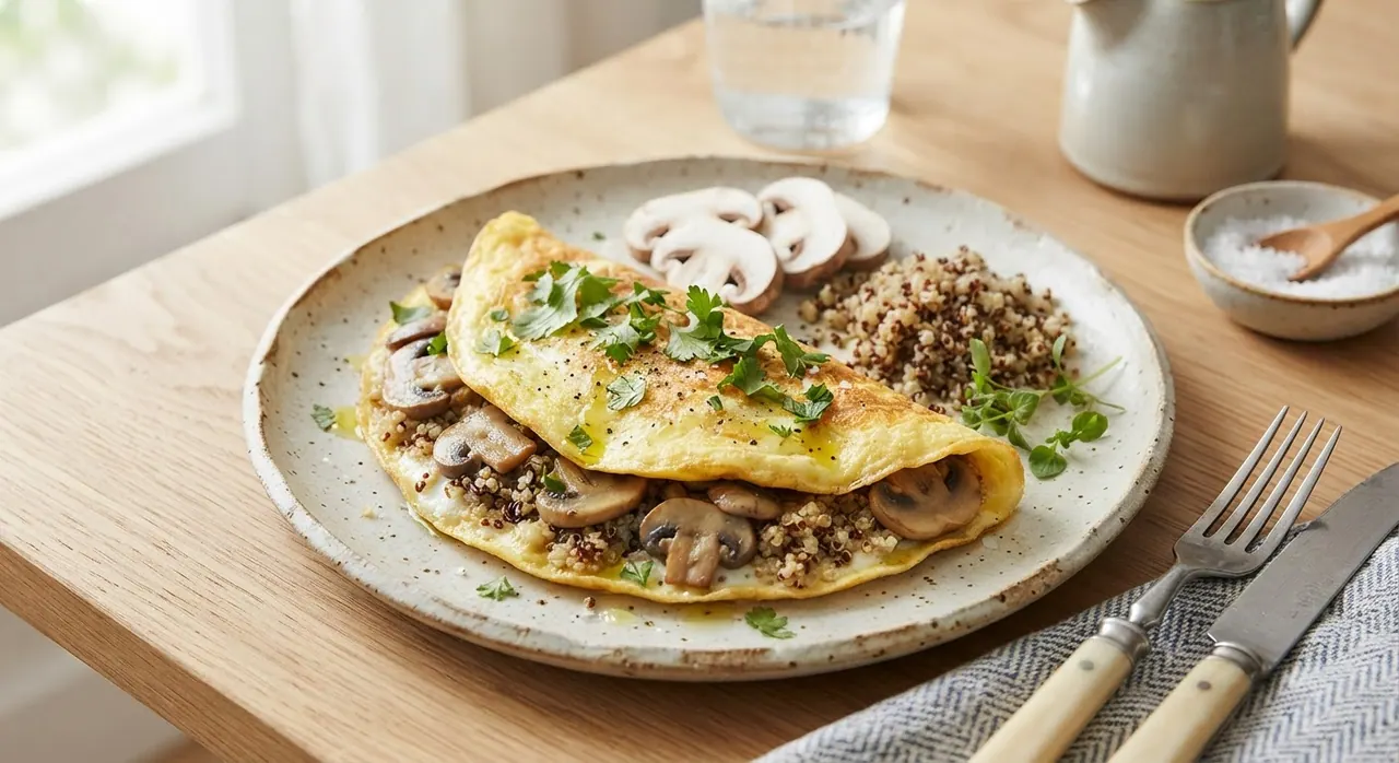 Omelette de 3 claras con champiñones y quínoa