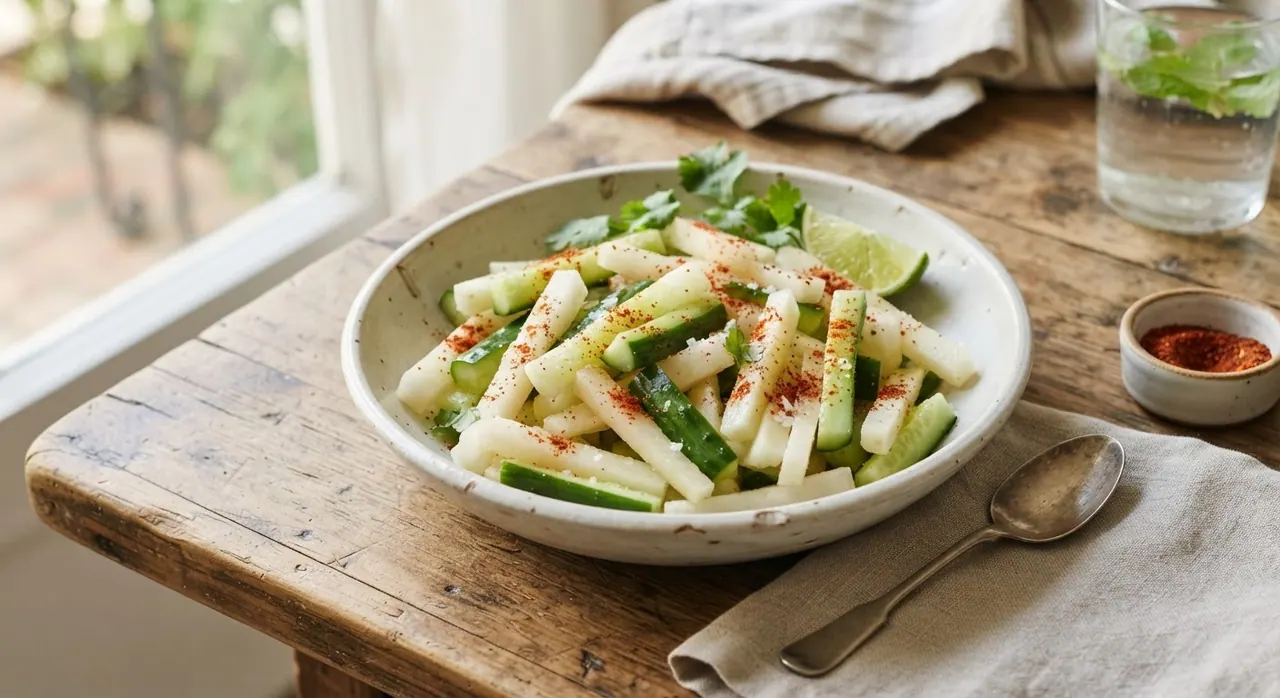 Ensalada de pepino y jícama con limón y sal