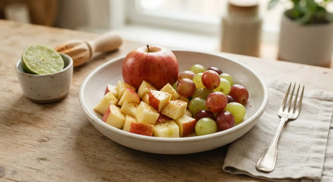 1 manzana en cuadritos y 10 uvas