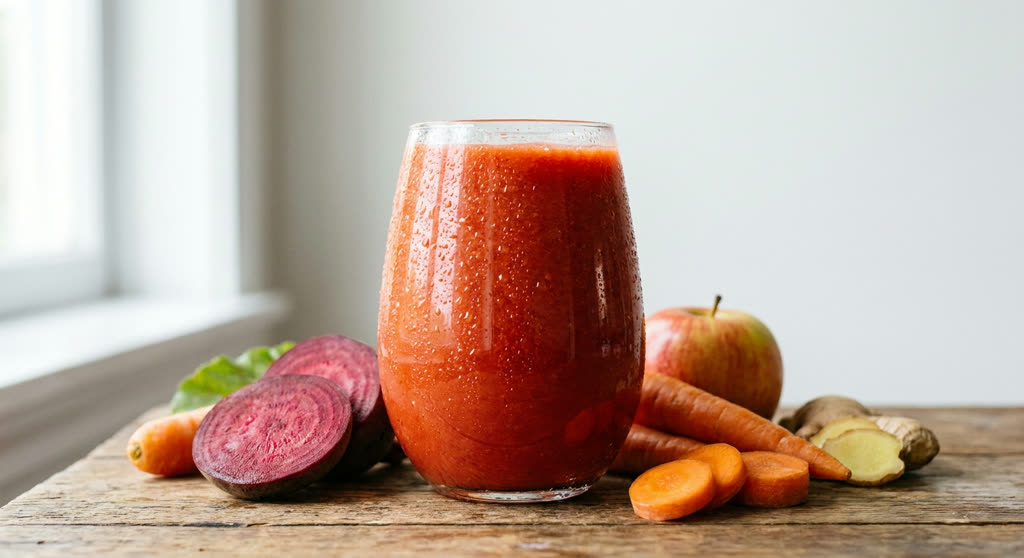 Licuado de betabel, zanahoria, manzana y jengibre servido en vaso