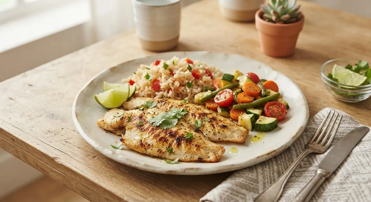 2 filetes de mojarra a la plancha con verduras y arroz integral