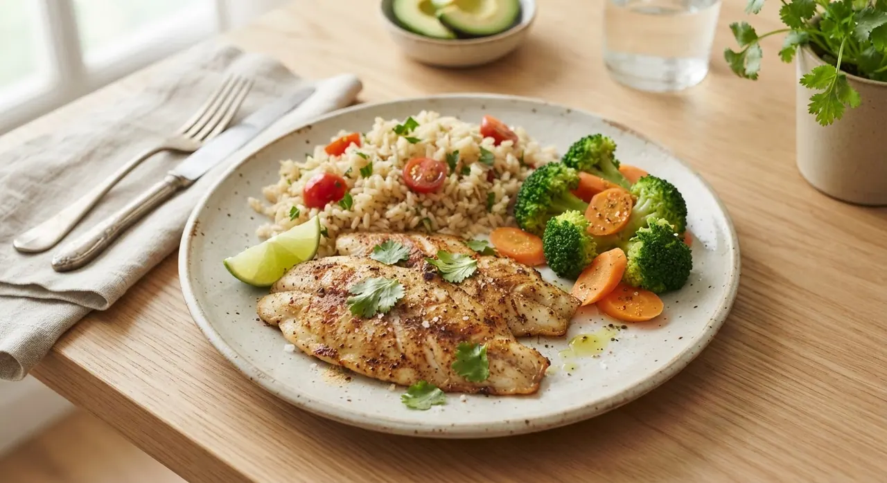 2 filetes de mojarra a la plancha con verduras al vapor y arroz integral