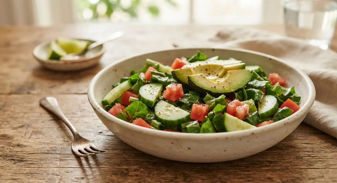 Ensalada de acelgas, pepino, tomate y aguacate