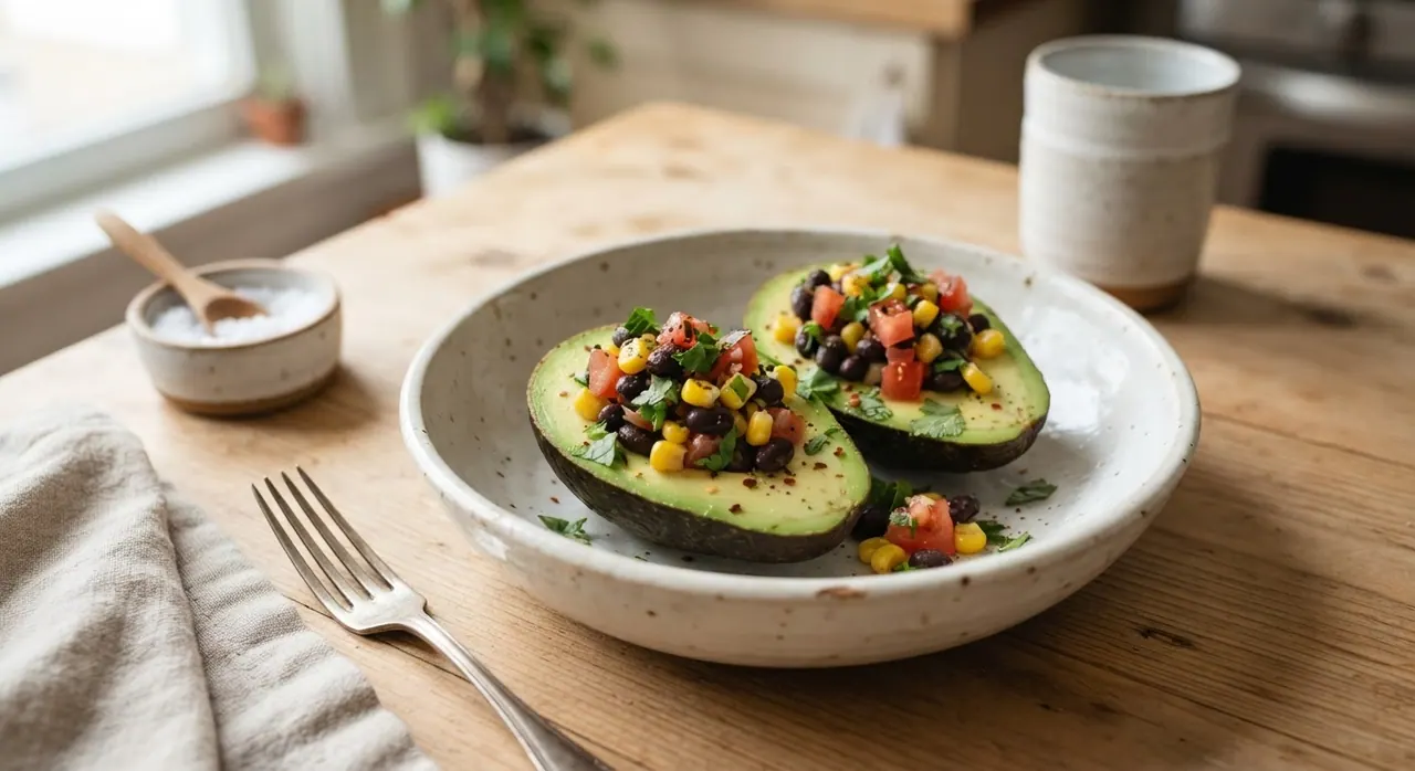 Aguacates rellenos de elote y soya o frijoles