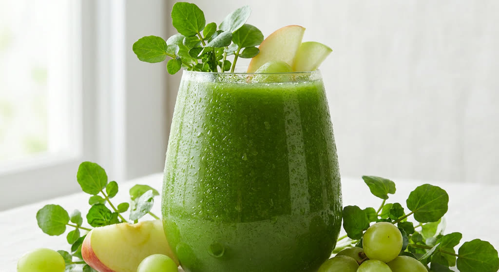 Jugo de desintoxicación de manzana, berros y uvas servido en vaso