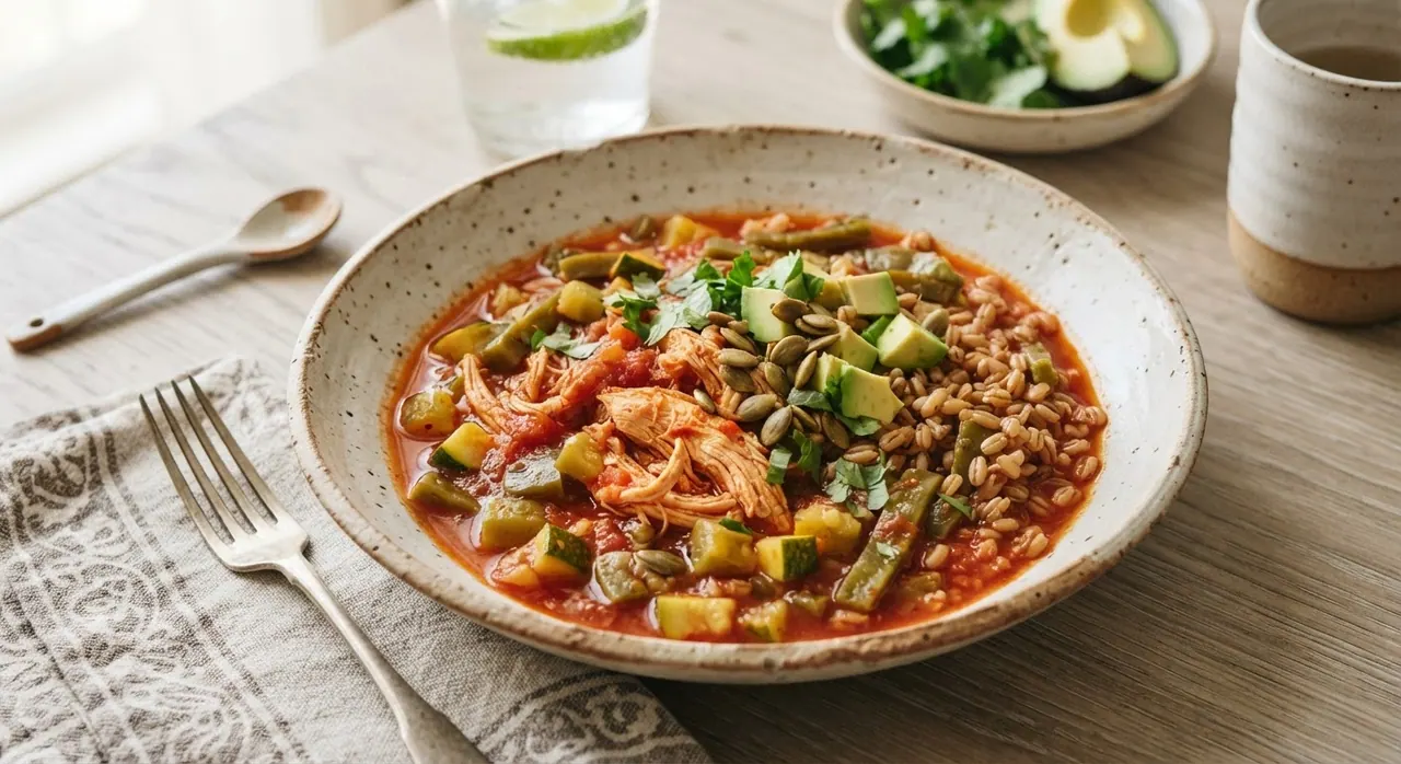 Pollo en salsa de tomate con calabaza, nopales y trigo