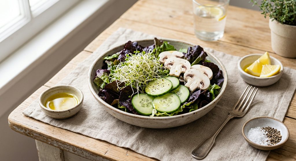 Ensalada de lechuga morada, pepino, germinado y champiñones