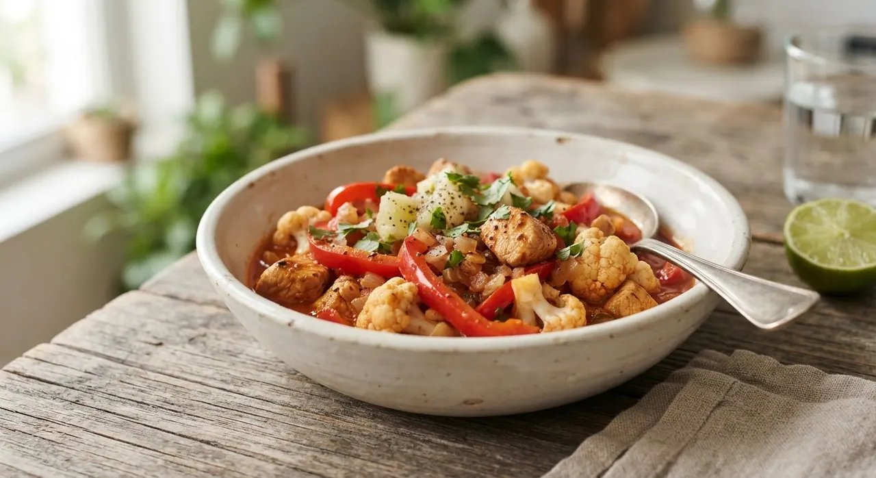 Guiso de pollo con coliflor y pimiento