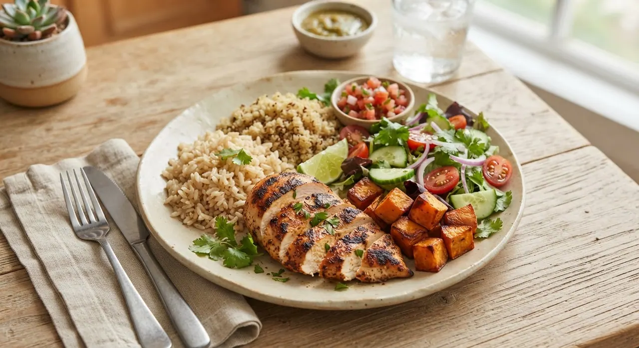 Pollo a la plancha con arroz integral, ensalada, camote y quinoa