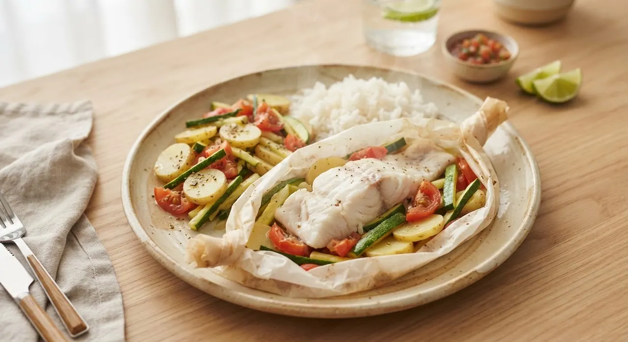 Pescado empapelado con verduras, arroz y papa
