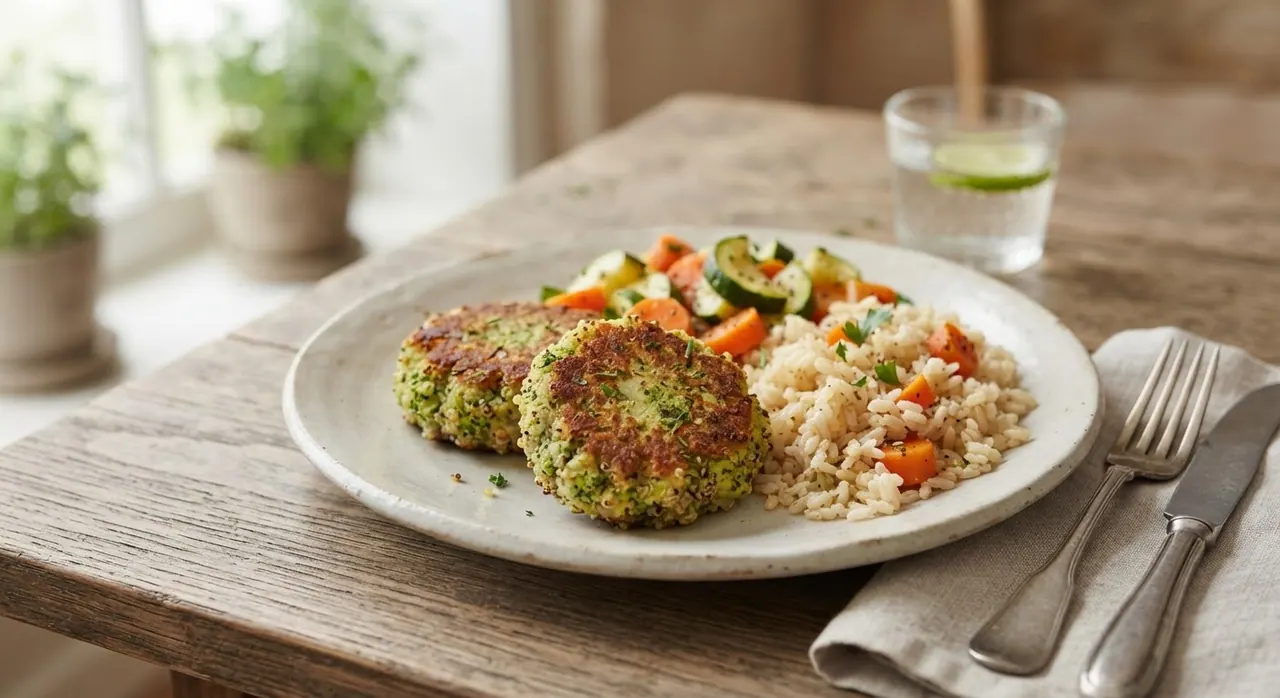 Tortitas de brócoli y quínoa con arroz integral y verduras al vapor