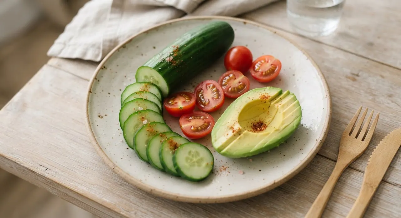 Medio pepino en rodajas, 3 tomates cherry y medio aguacate