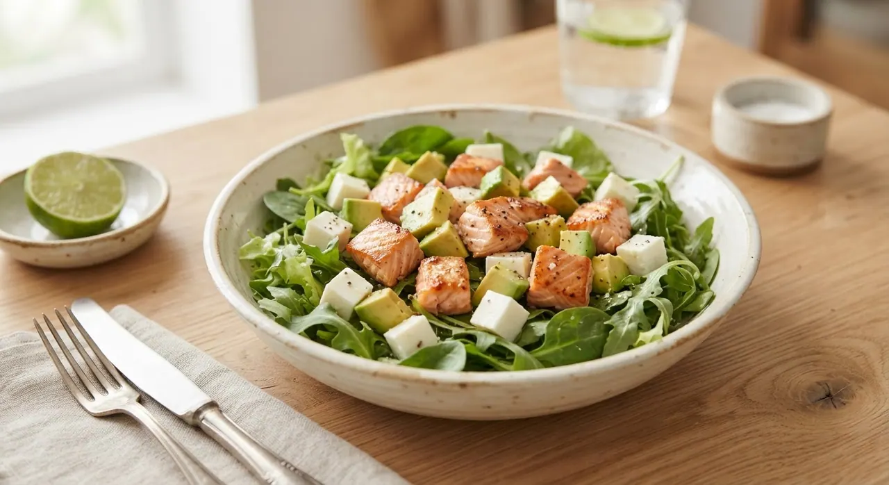Ensalada de salmón con aguacate y queso