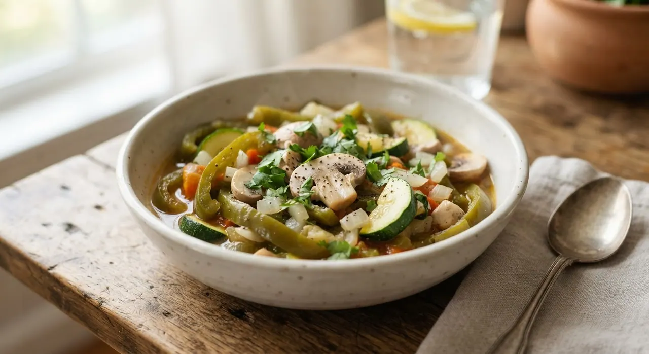 Guiso de pimientos, calabaza y champiñones