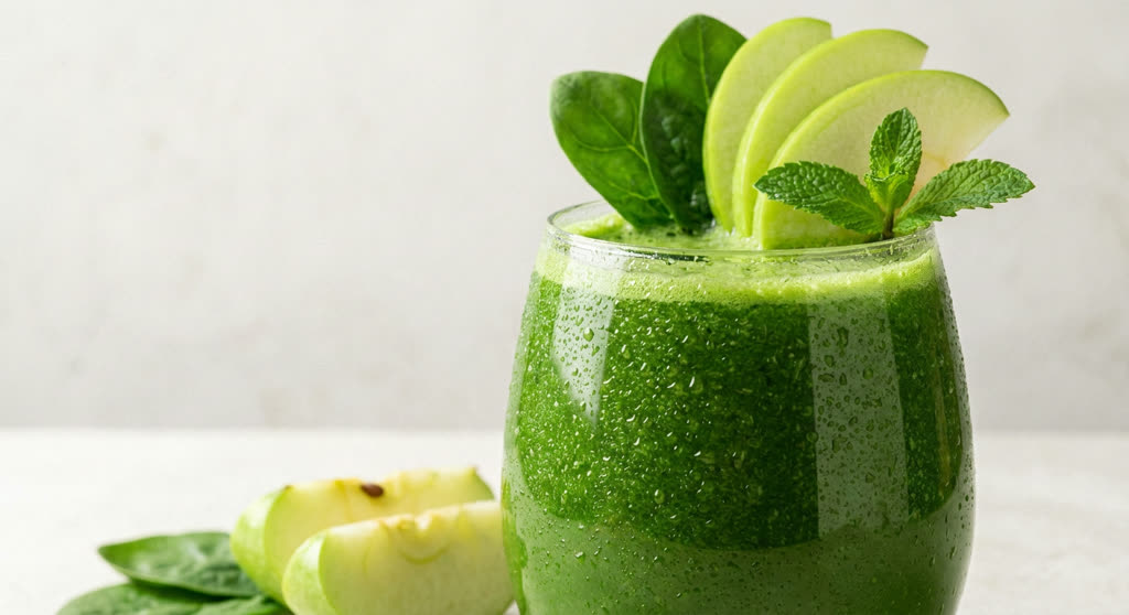 Jugo verde de manzana y espinaca servido en vaso
