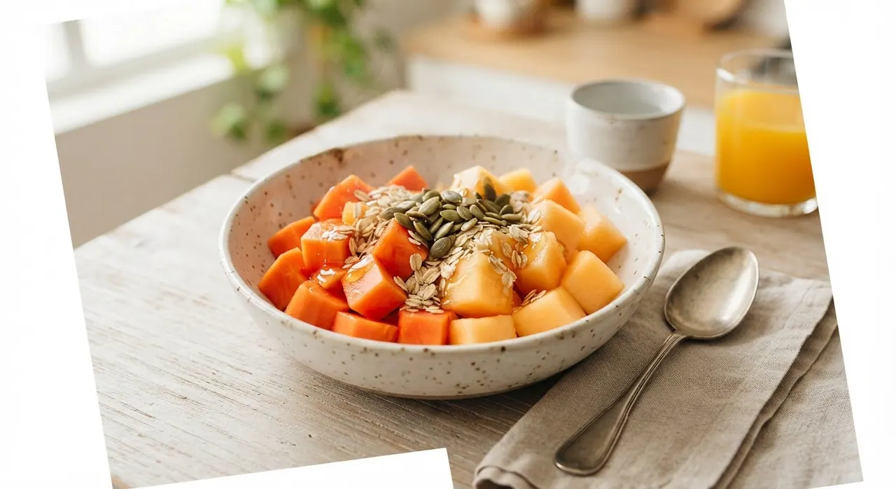 1 plato con papaya, melón, avena, pepitas y miel