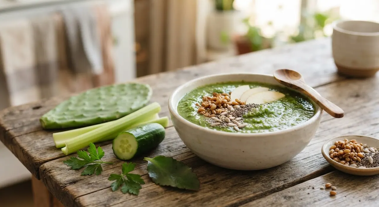 Licuado verde con trigo, semillas y manzana