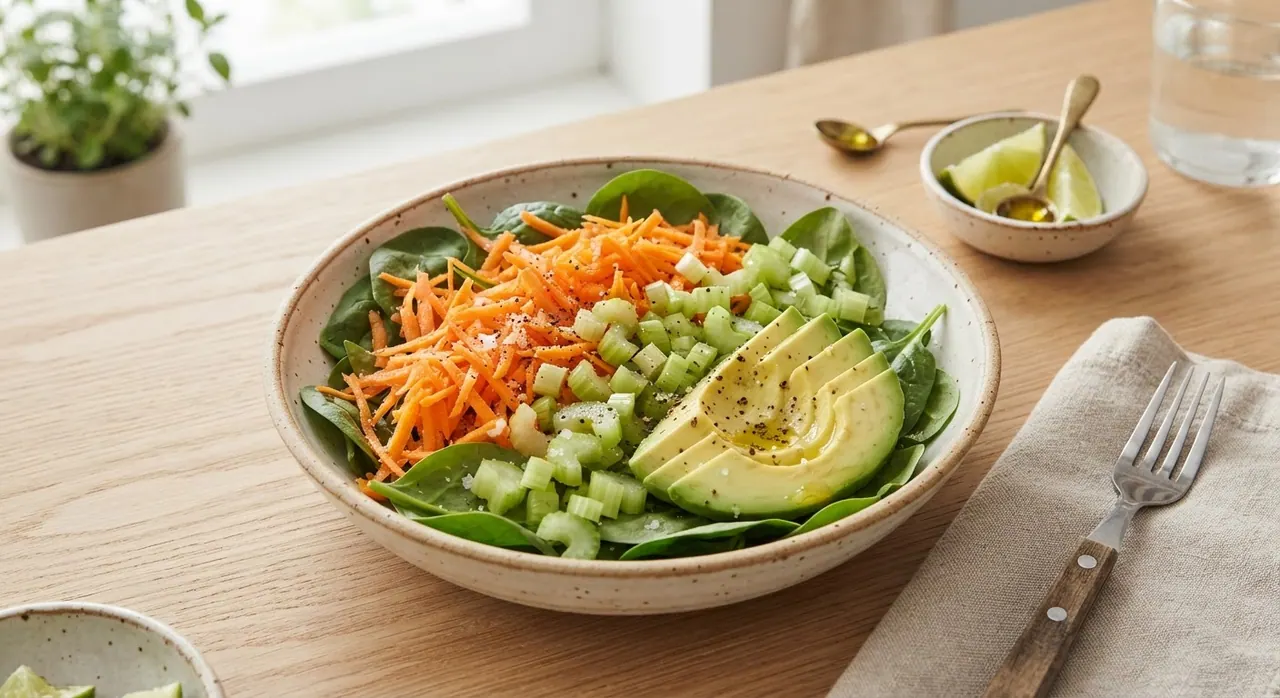Ensalada de zanahoria, espinaca, apio y aguacate