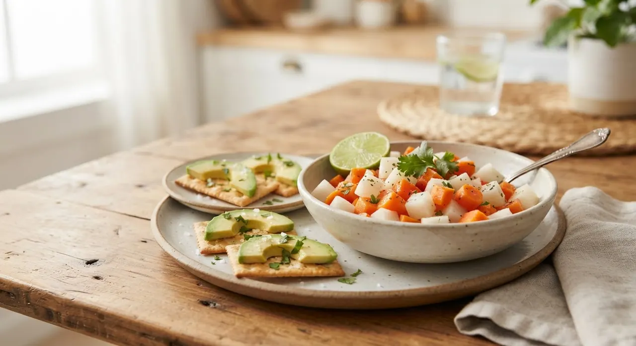 Verduras con limón y galletas habaneras con aguacate