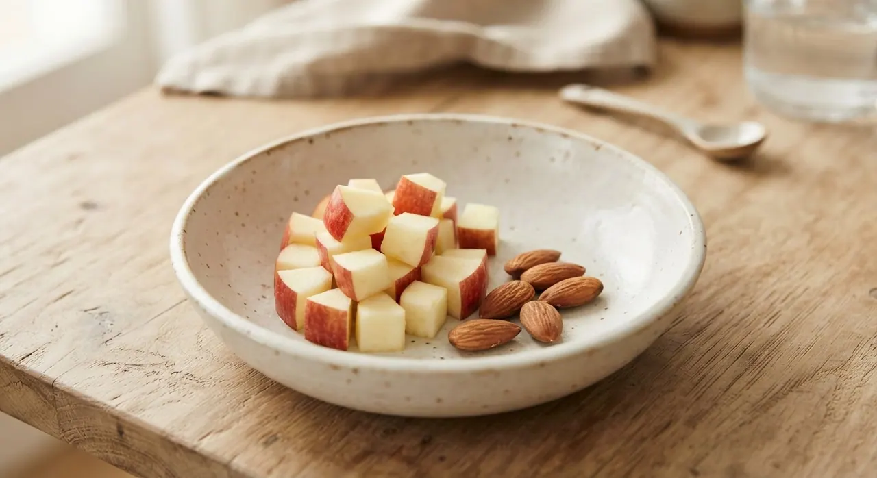 1 manzana cortada en cuadros y 5 almendras