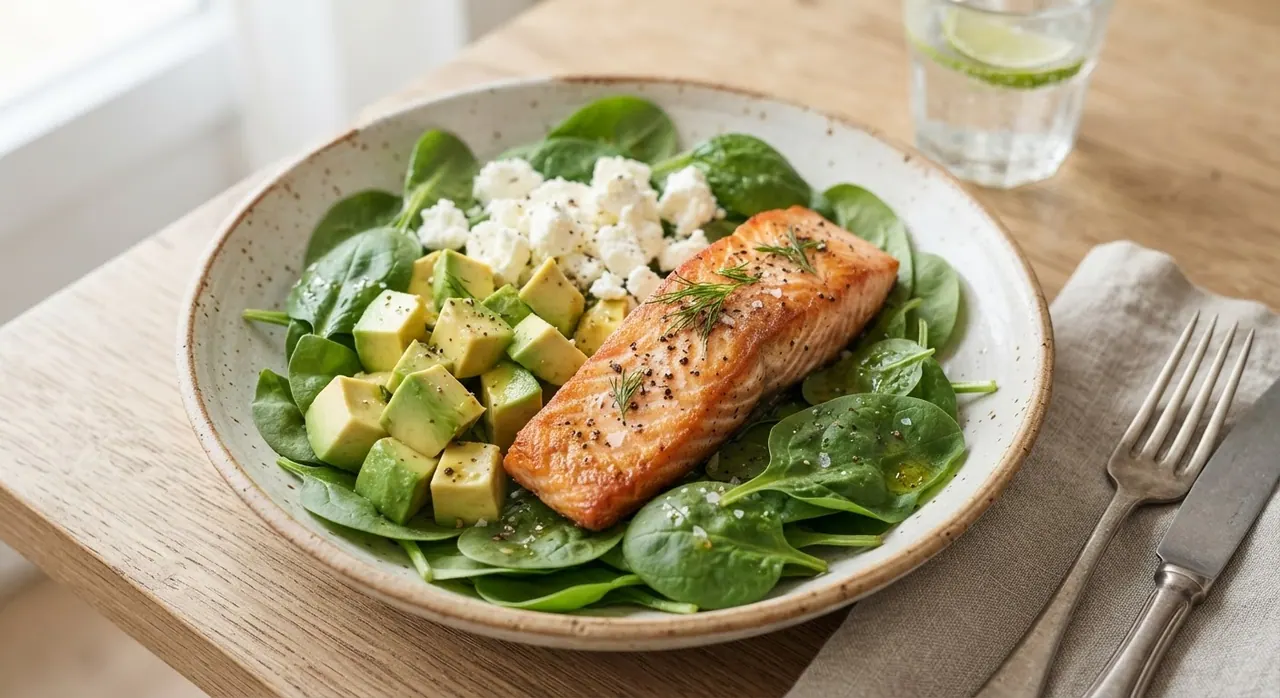 Ensalada de salmón con aguacate y queso feta vegano