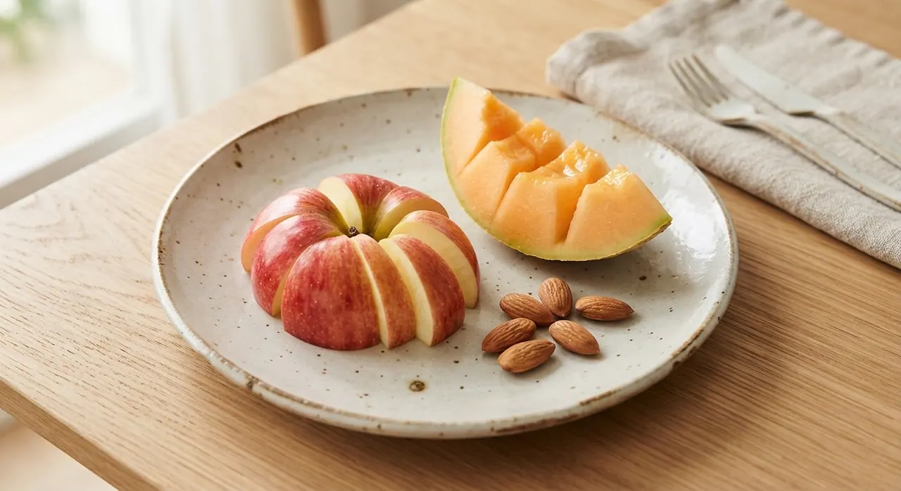Media manzana, 1/4 de melón y 5 semillas de almendra