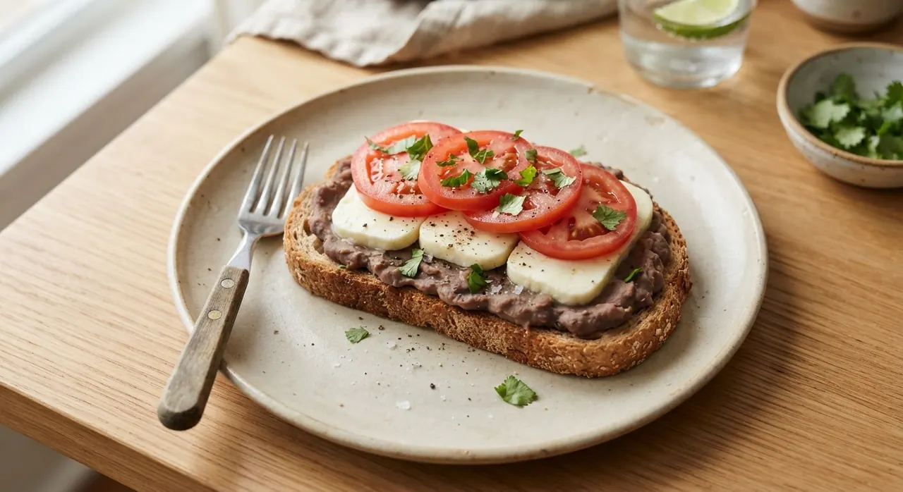 Pan tostado con frijoles y queso panela