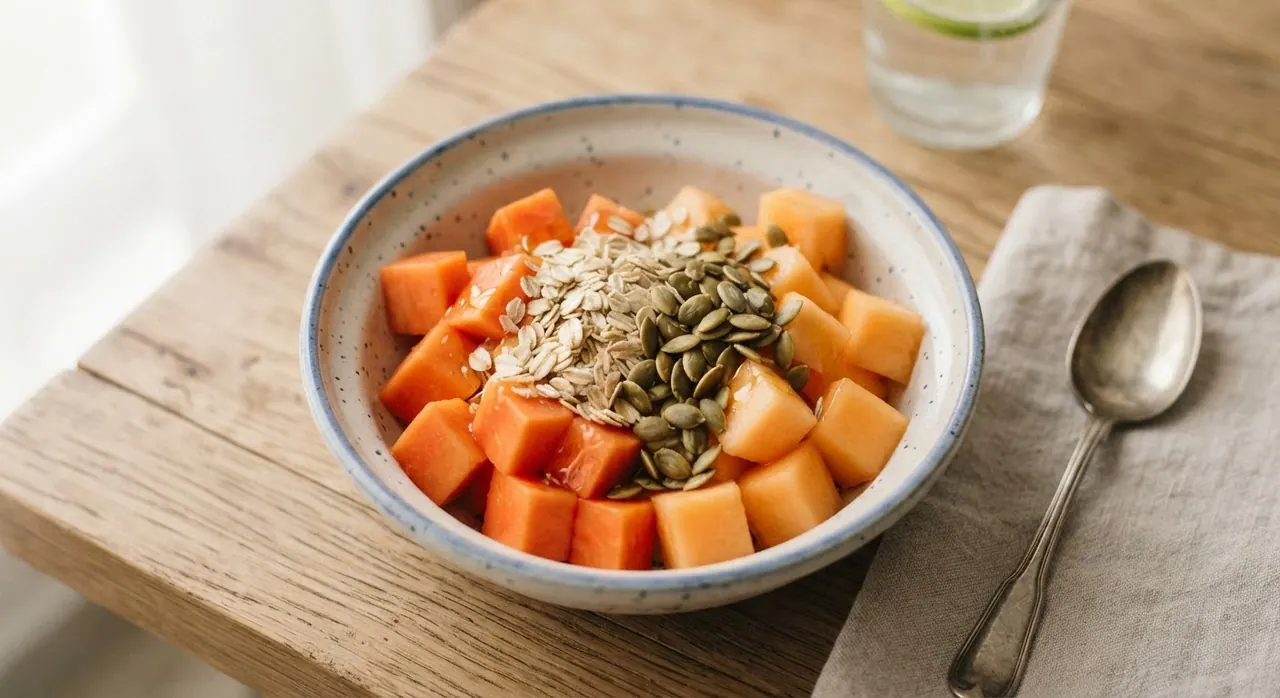 1 plato de papaya y melón con avena, pepitas y miel