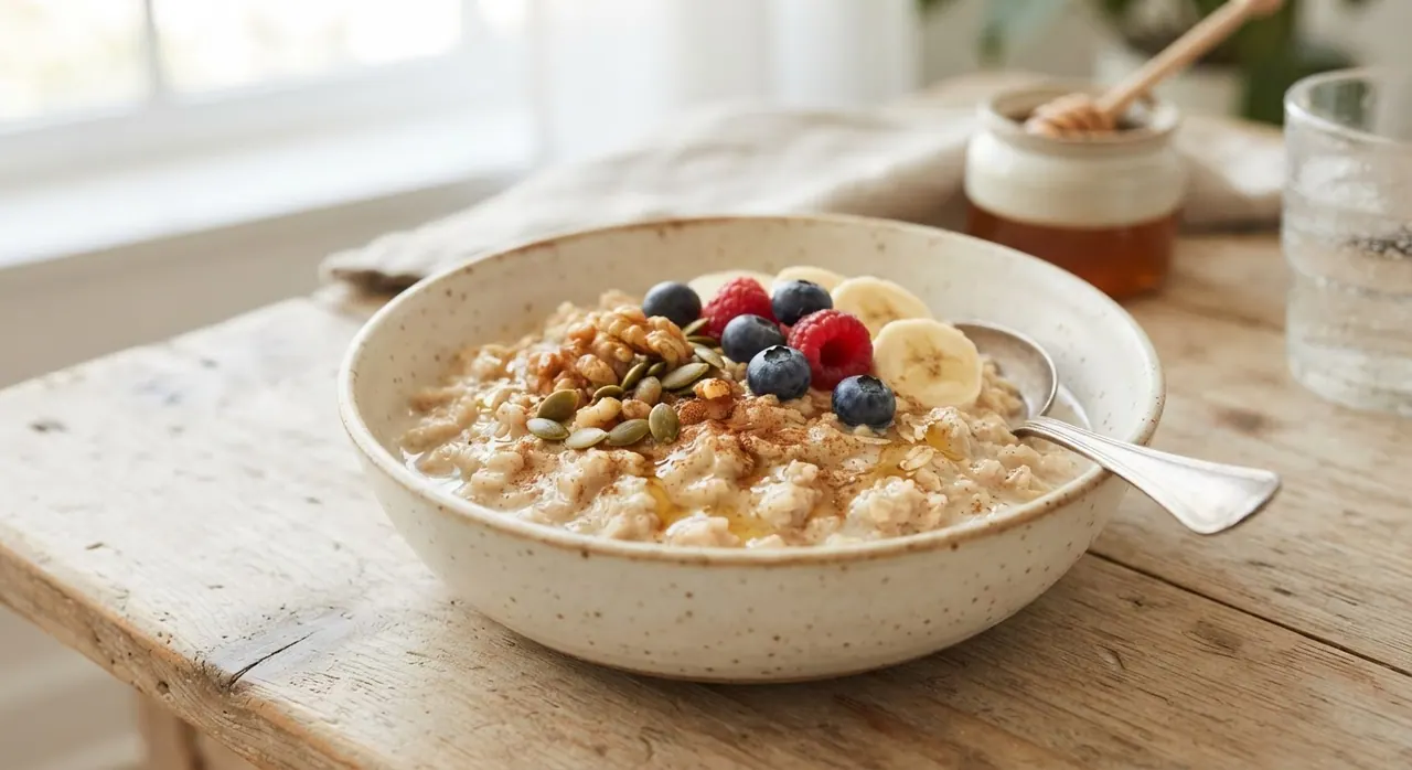 Plato de avena remojada con miel de abeja