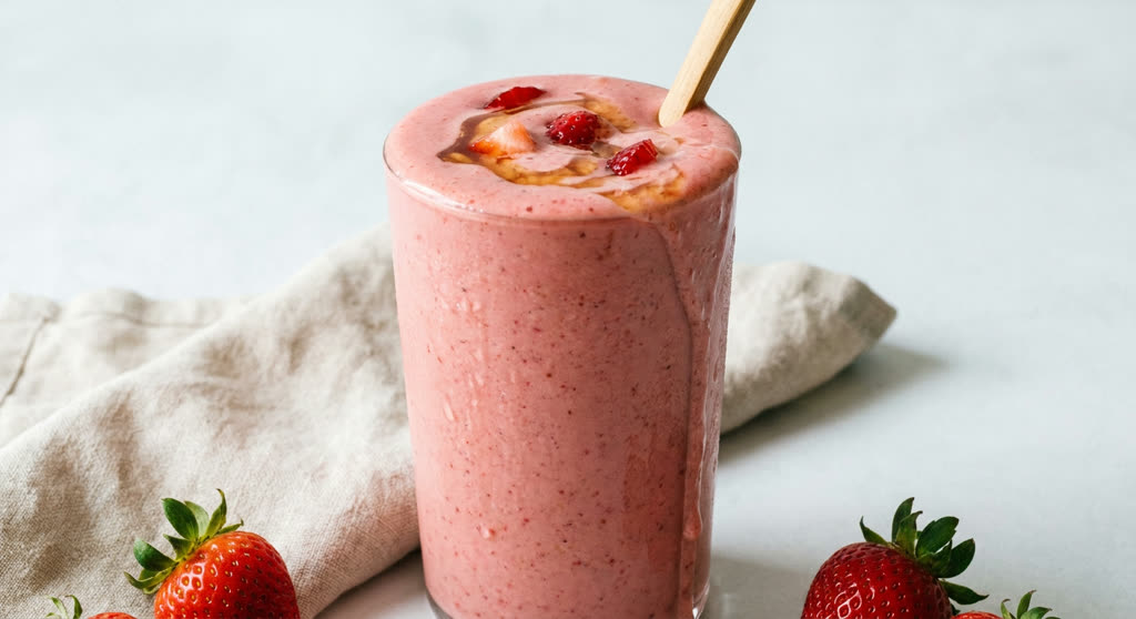 Licuado de lechada de almendras con fresas y miel servido en vaso