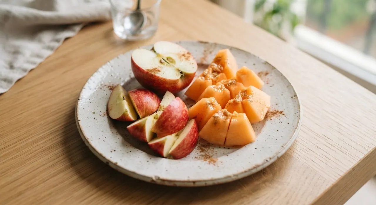 Media manzana y un cuarto de melón