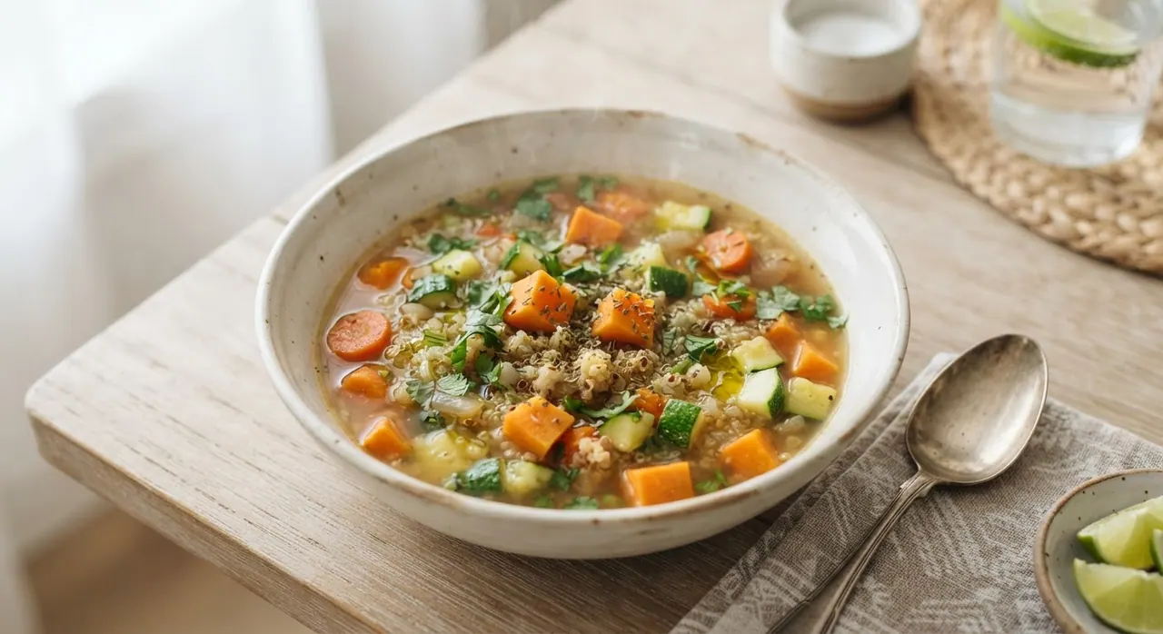 Caldo de verduras con quinoa y camote