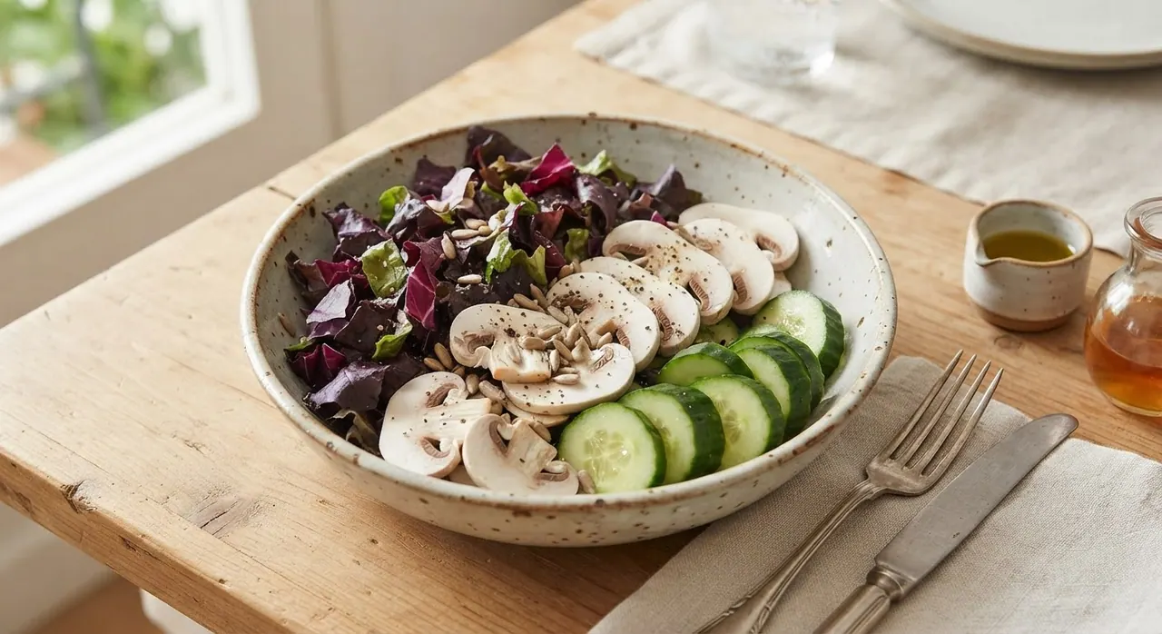 Ensalada de lechuga morada y champiñones crudos