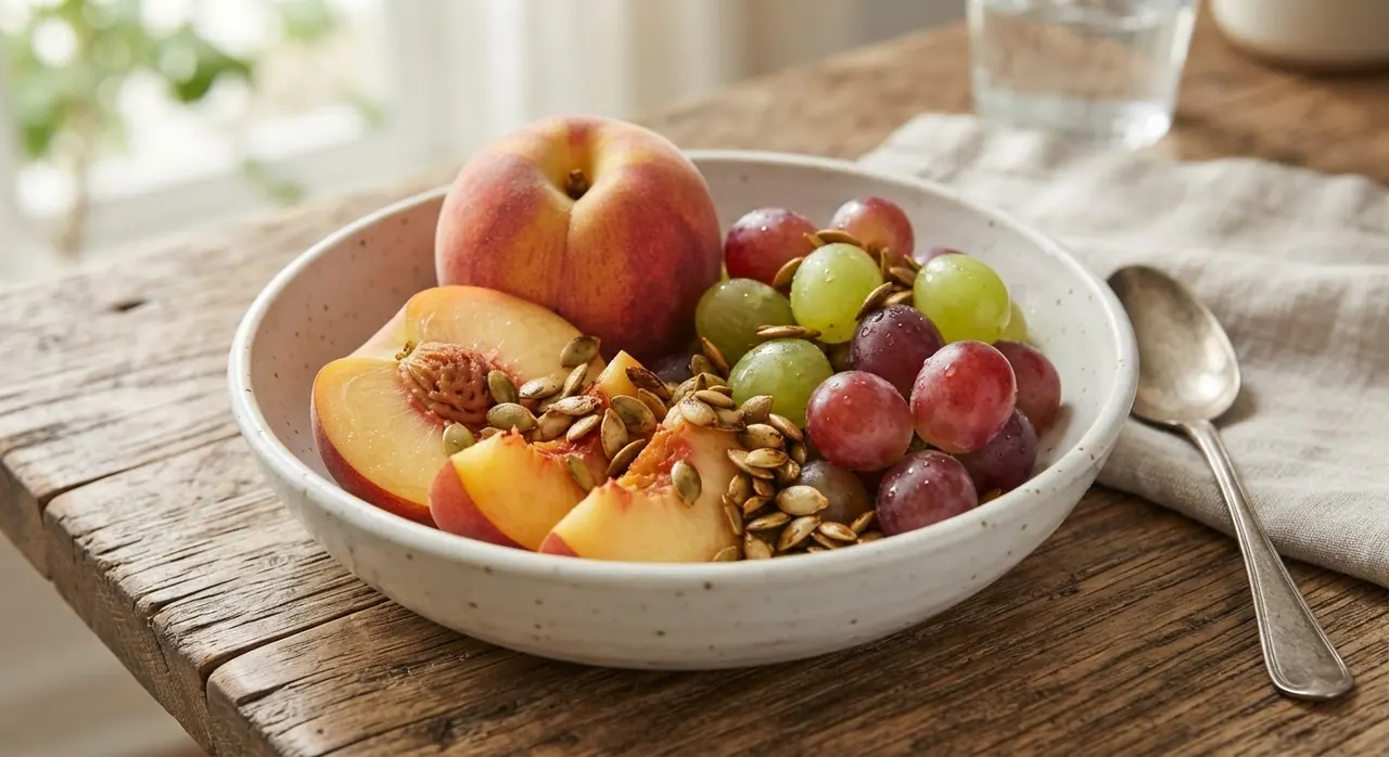 1 durazno, 15 uvas y pepitas de calabaza