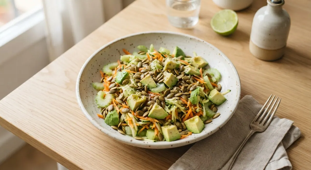 Ensalada con apio, zanahoria, aguacate, calabaza y pepitas
