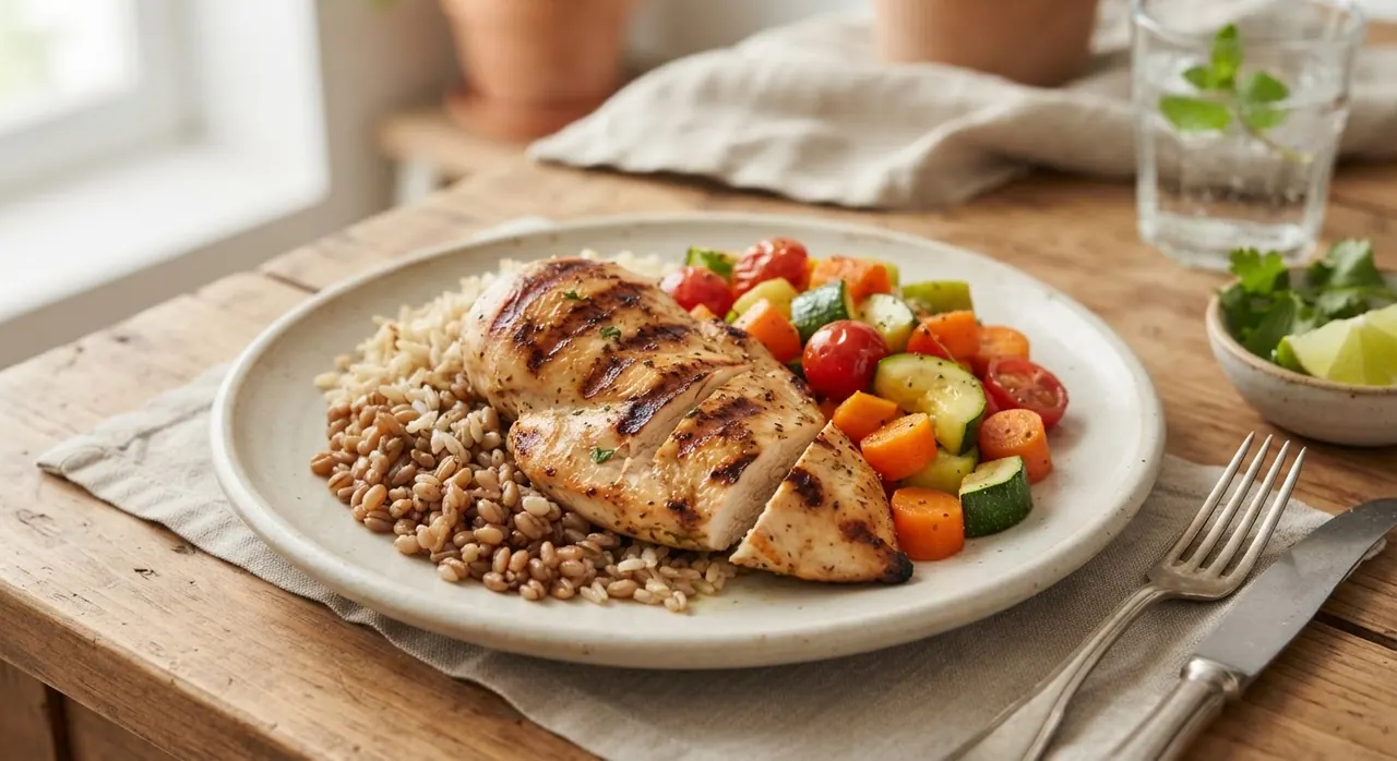 Pollo a la plancha con verduras, arroz y trigo