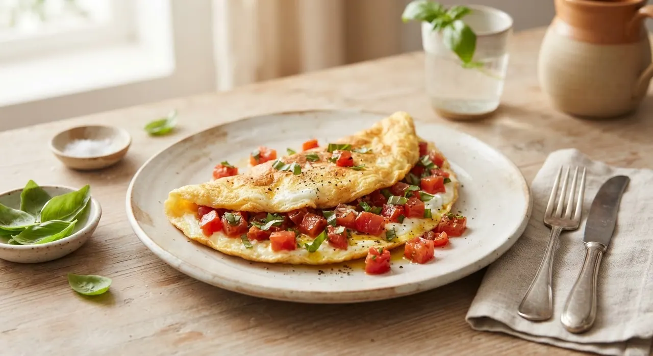 Omelette de clara de huevo con tomate y albahaca