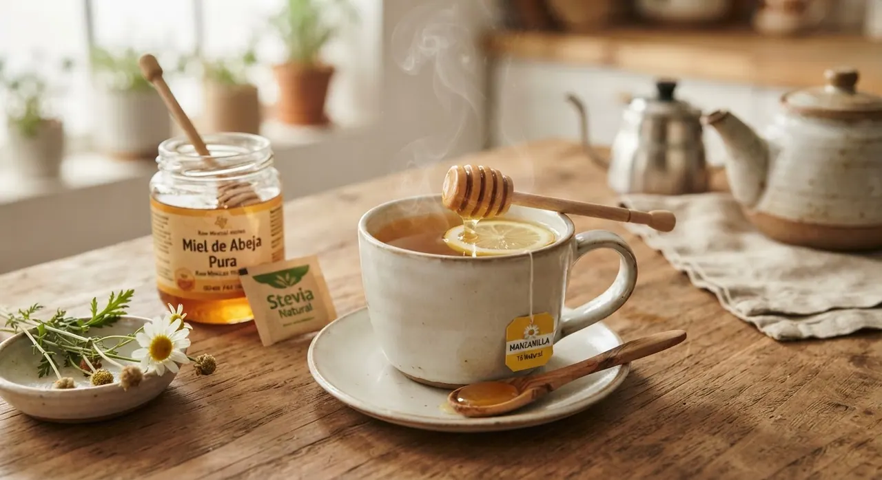 Té de manzanilla endulzado con miel o stevia